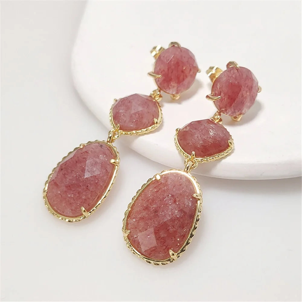 Three-Layer Natural Stone Drop Earrings | Gold Plated Crystal Gemstone Jewelry
