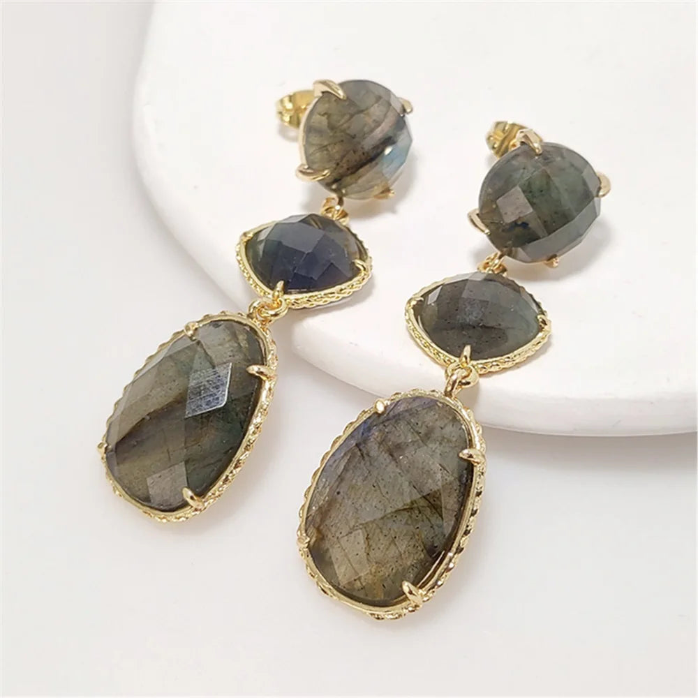 Three-Layer Natural Stone Drop Earrings | Gold Plated Crystal Gemstone Jewelry