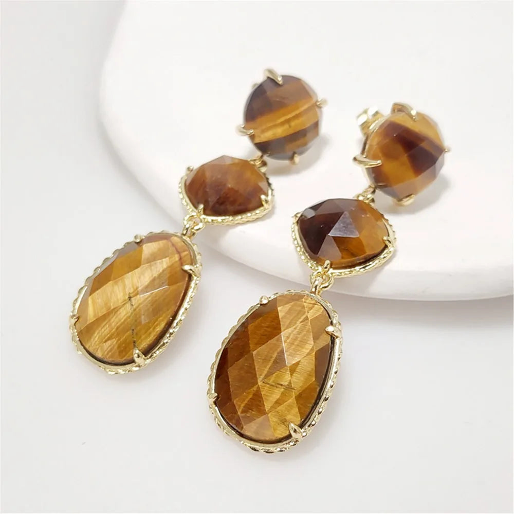 Three-Layer Natural Stone Drop Earrings | Gold Plated Crystal Gemstone Jewelry