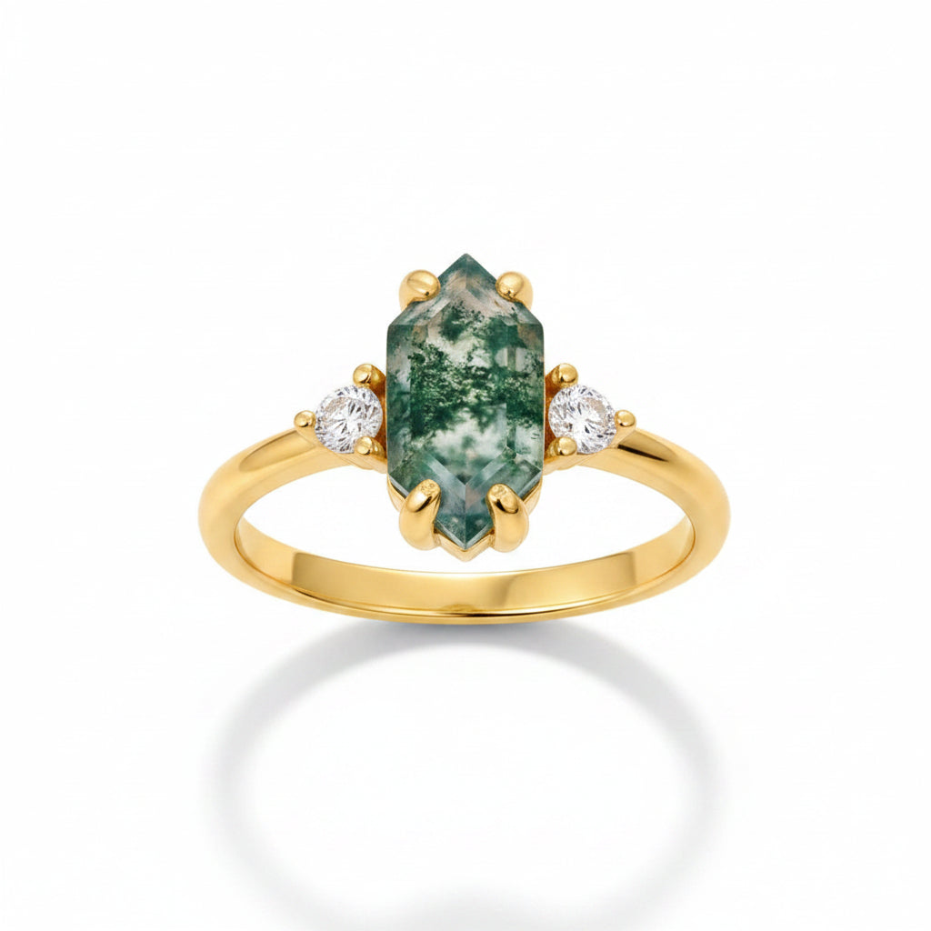 925 Sterling Silver Moss Agate Ring | Natural Water Grass Stone Geometric Fine Jewelry