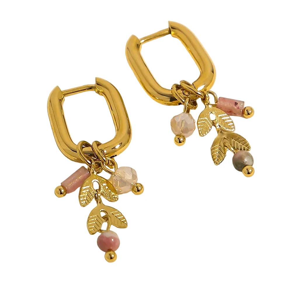 18K Gold Plated Pink Crystal & Natural Stone Charm Hoop Earrings