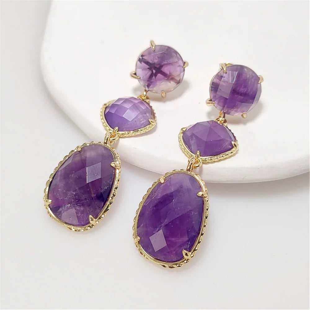 Three-Layer Natural Stone Drop Earrings | Gold Plated Crystal Gemstone Jewelry