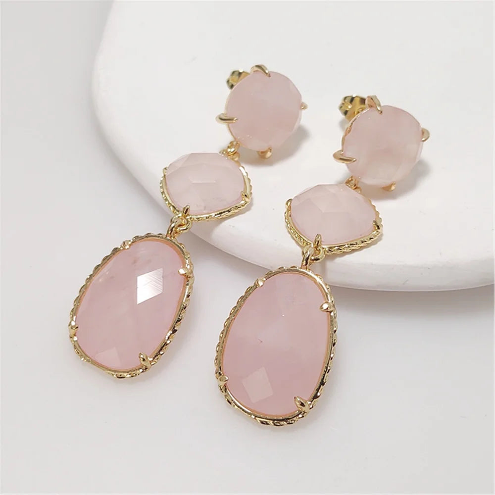 Three-Layer Natural Stone Drop Earrings | Gold Plated Crystal Gemstone Jewelry