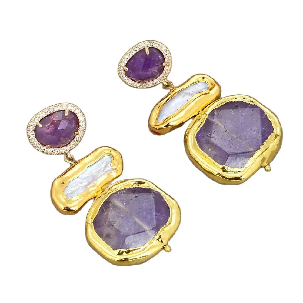 Natural Amethyst & Biwa Pearl Drop Earrings | Gold Plated CZ Paved Fine Jewelry